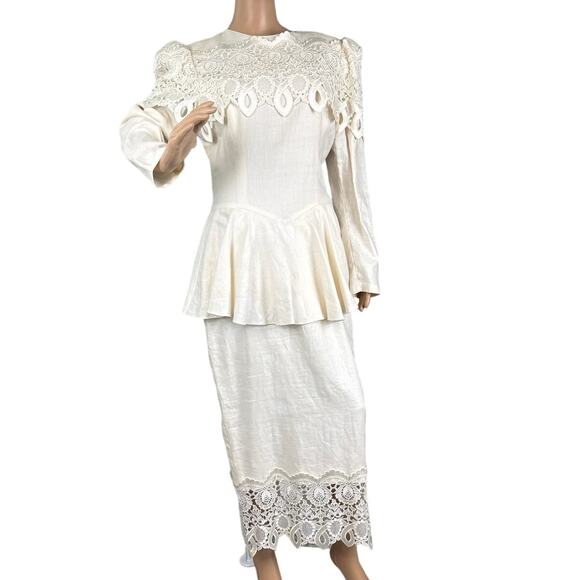 Vintage Jessica McClintock Linen & Lace Peplum Dress Cottagecore  Rare Unique - Picture 1 of 15